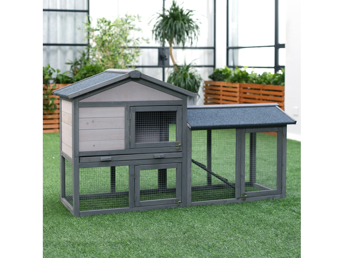 Gaiola Para Coelhos Na Cor Cinza Escuro, 147x54x84cm, Feita Em Madeira Com Teto Betume, Rampa E Portas Com Trava De Segurança