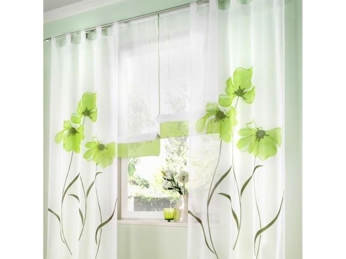 Cortina Estilo Xale, Jogo De 2 Peças, Estampa Floral, Para Sala Estar E Quarto, Com Fivela Aquaforge (150 Cm Largura, 175 Altura, Verde)
