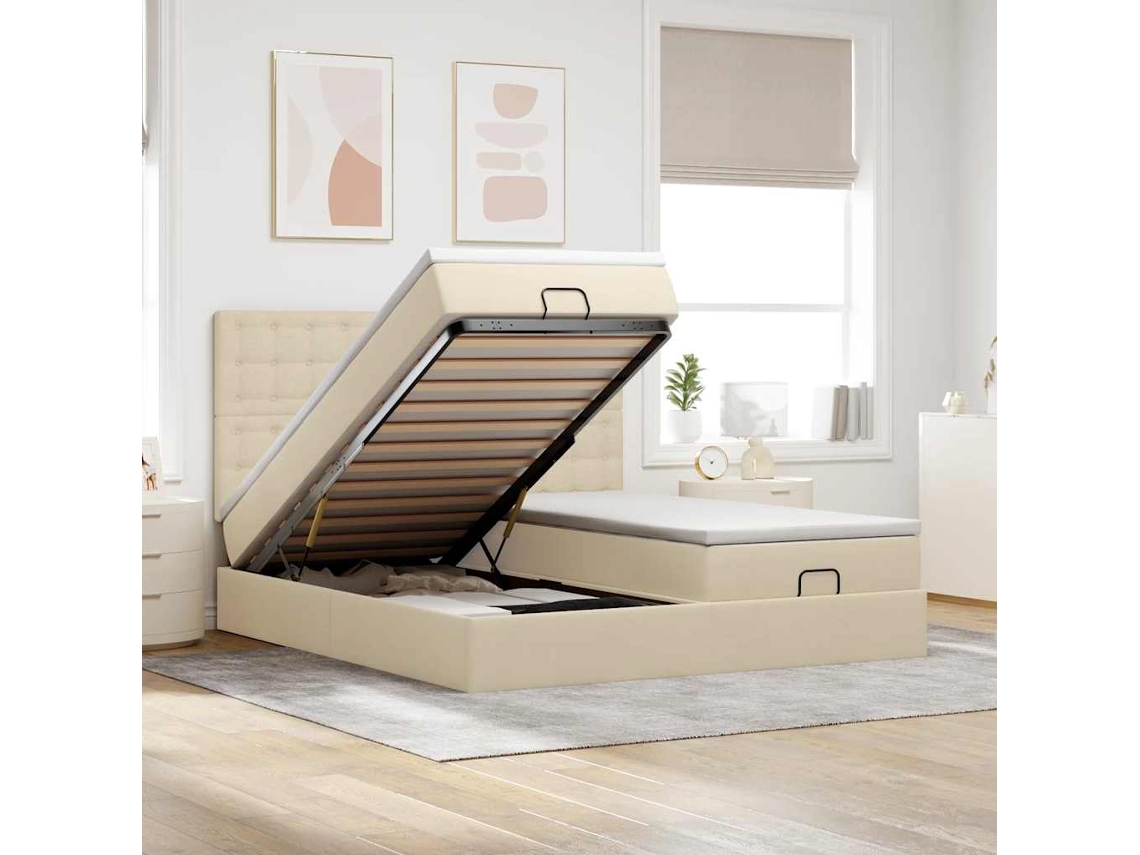 Vidaxl Estrutura De Cama Otomana Com Colchões Tecido Creme 180x200cm