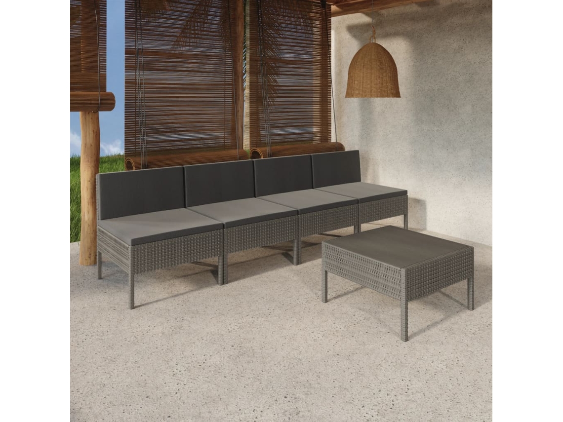 Vidaxl 5 Pcs Conjunto Lounge De Jardim C/ Almofadões Vime Pe Cinzento