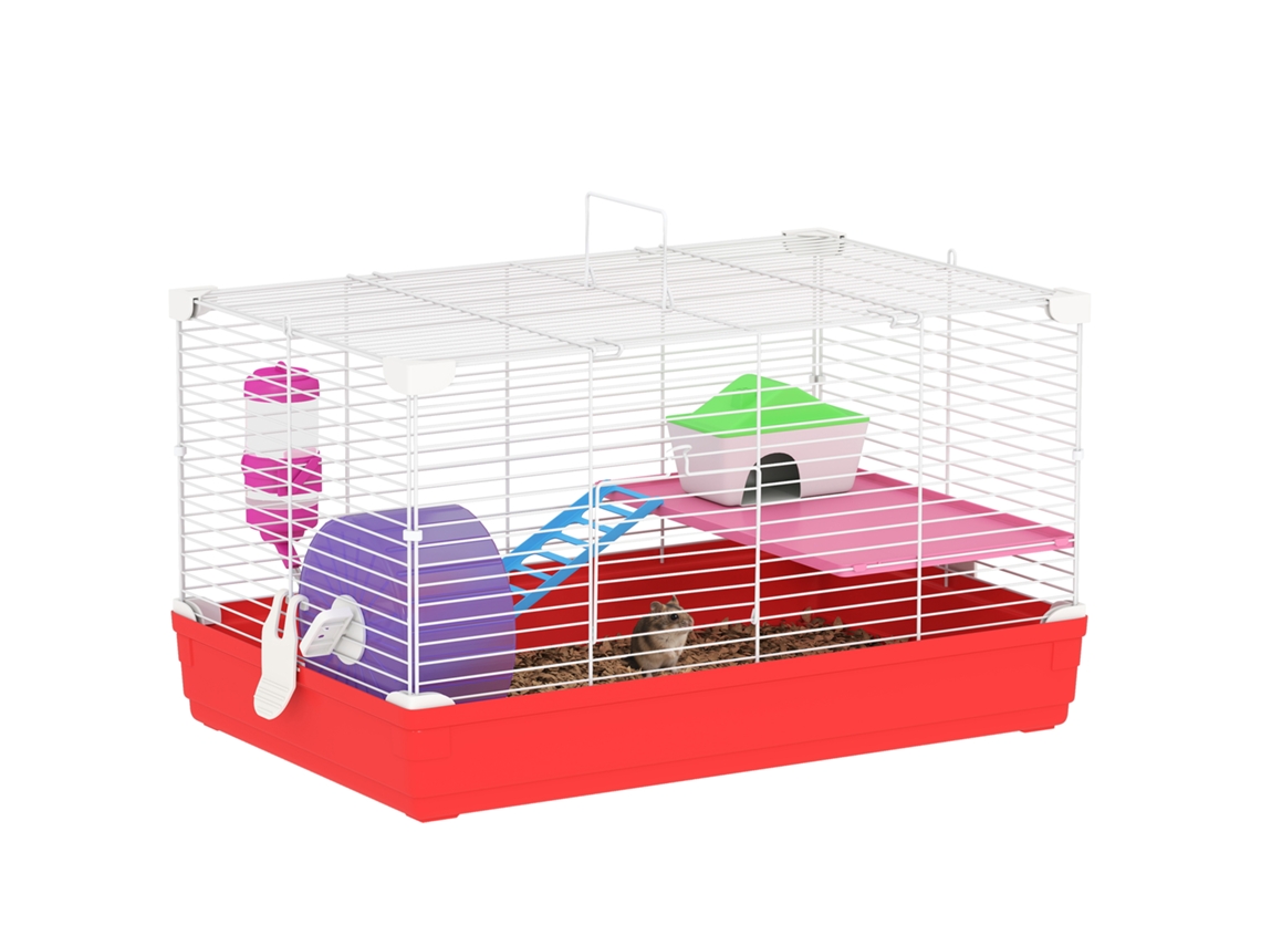 Gaiola de Hamster de 2 Andares Metal Pp com Fita Cassete, Tanque de Água, Roda e Pires, 47x30x27 Cm, Vermelho e Branco Ge