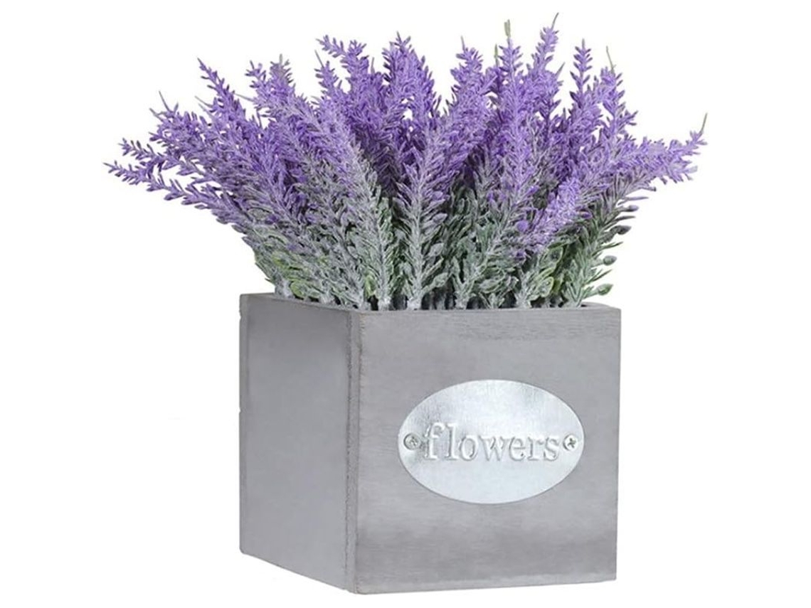 Flores Artificiais Moradas Lavanda Maceta De Madeira Decoração Balcão Sala Jardim