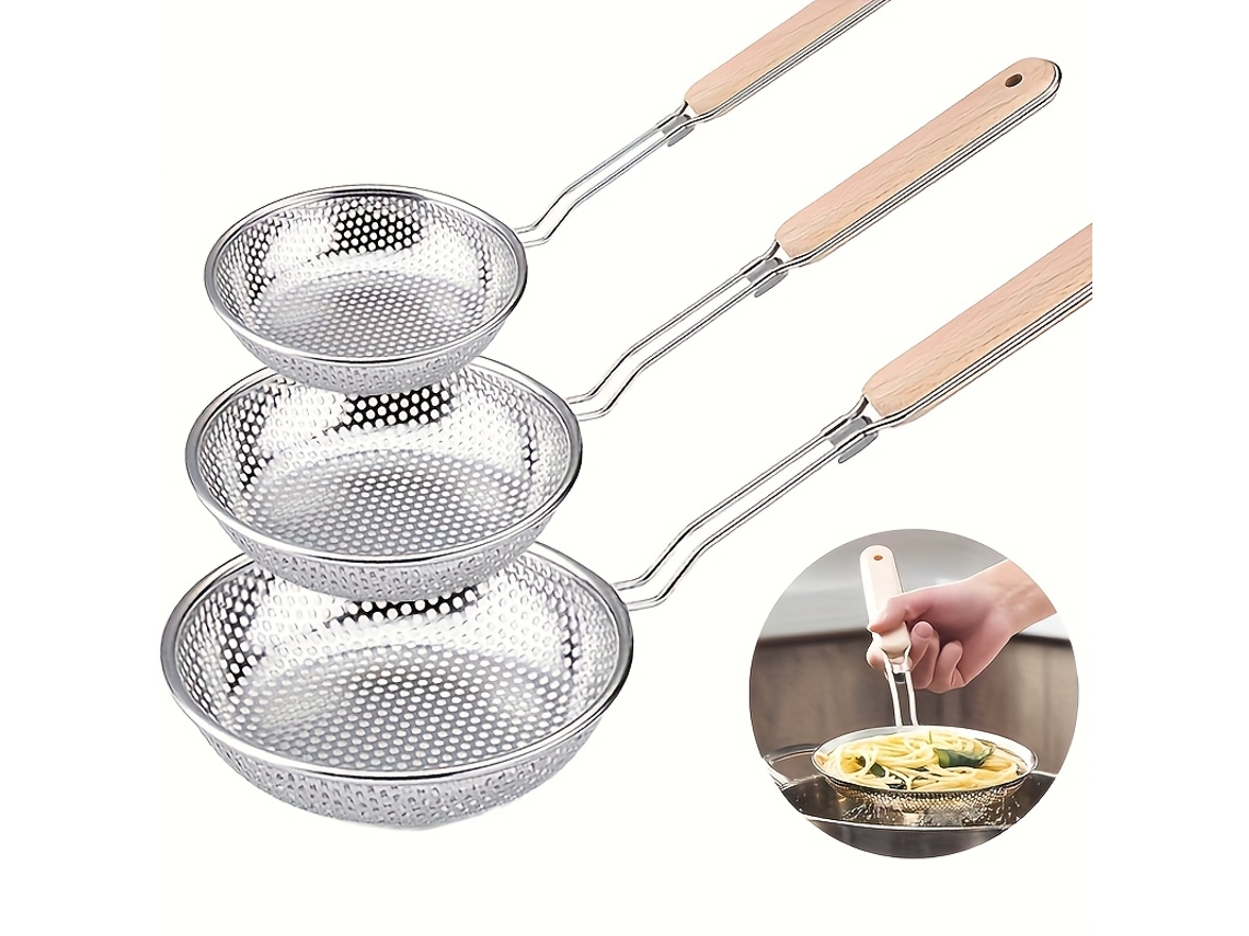 Escorredor De Aço Inoxidável Com Cabo De Madeira, 3 Peças Para Escorrer Massas, Macarrão E Fritar, Utensílios De Cozinha E Filtros De Óleo