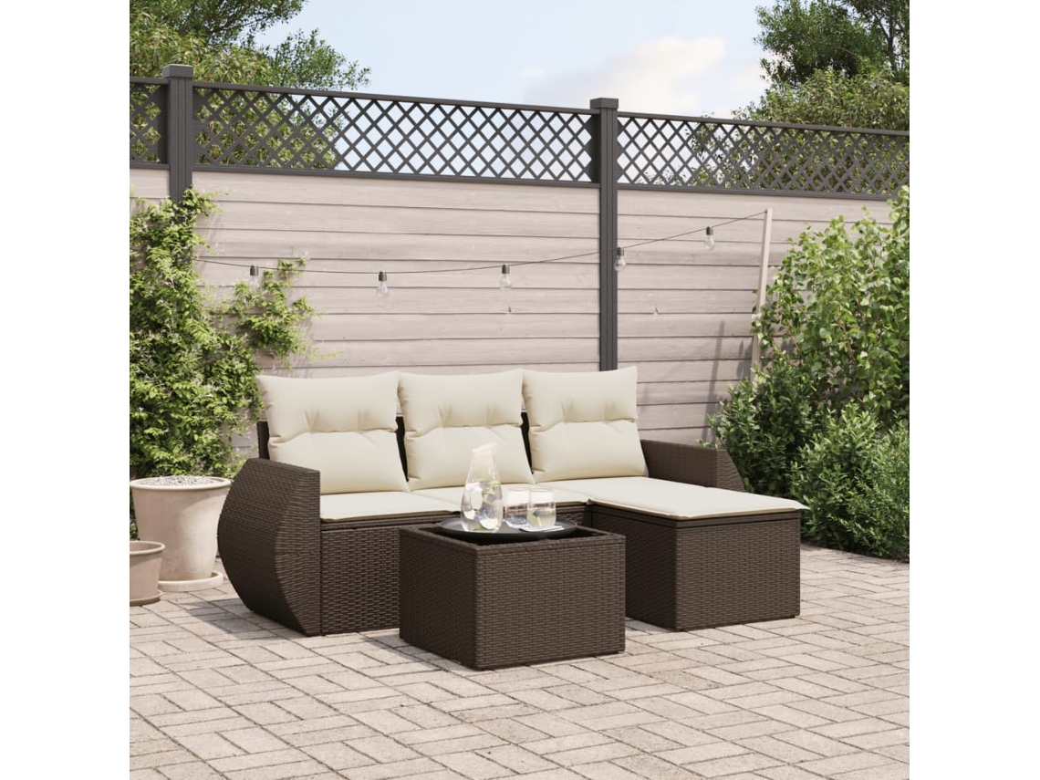 Vidaxl 5 Pcs Conjunto Sofás P/ Jardim C/ Almofadões Vime Pe Castanho