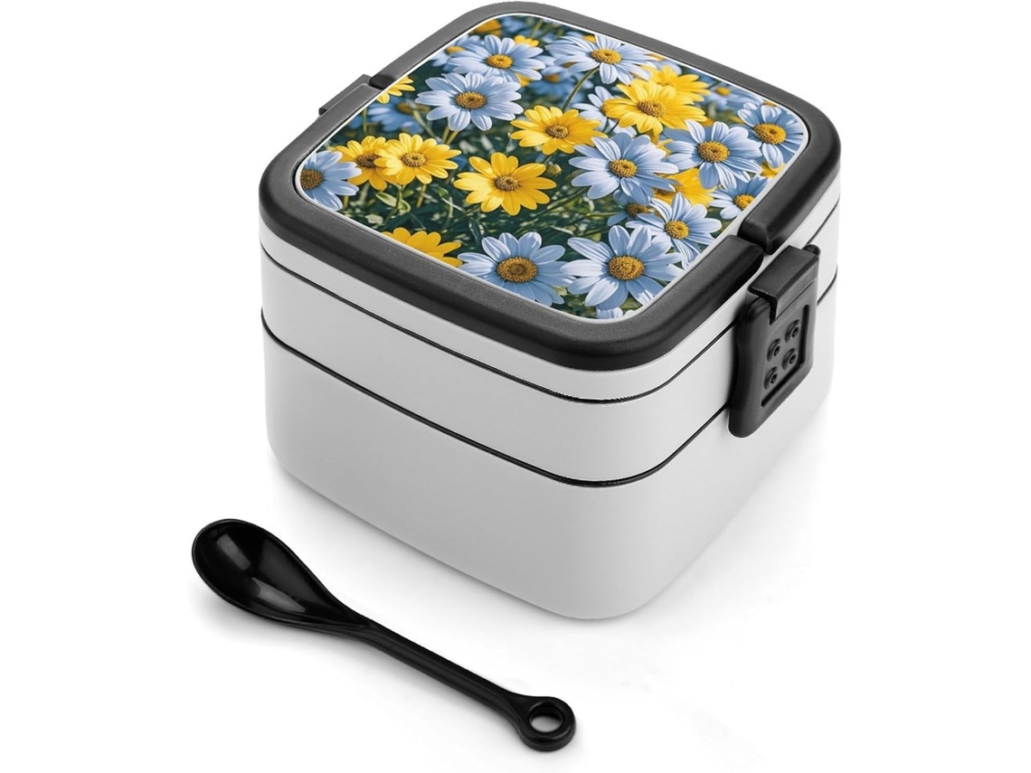 Lancheira Para Adultos Com Colher, Estampa Floral Azul E Amarela, Linda Lancheira Dupla, Empilhável, À Prova De