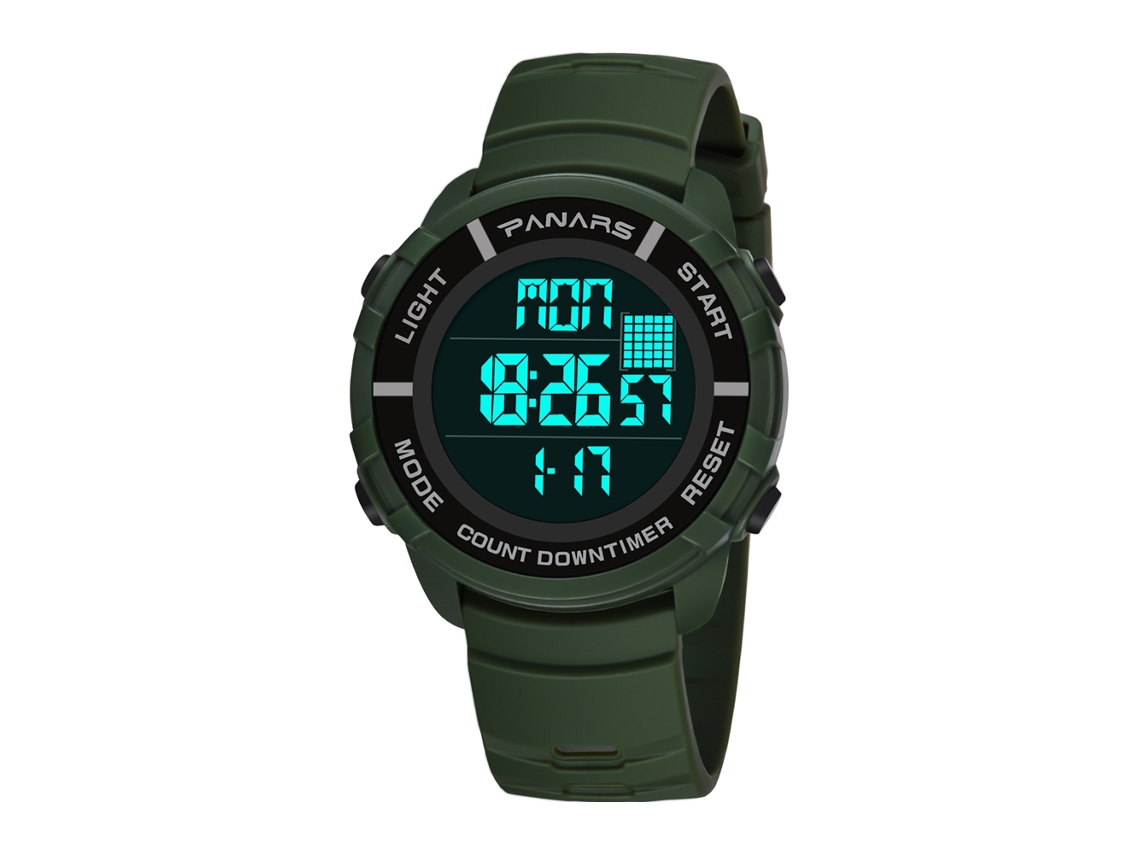 Relógio esportivo masculino Panars luminoso e à prova d'água com duplo fuso horário e calendário, verde militar.