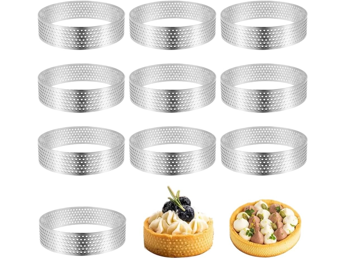 Conjunto 10 Aros Mousse Bolo - Moldes Sobremesa - Aros Pastelaria - Formas Bolo - 8x8x2 Cm - Aço Inoxidável - Prateado