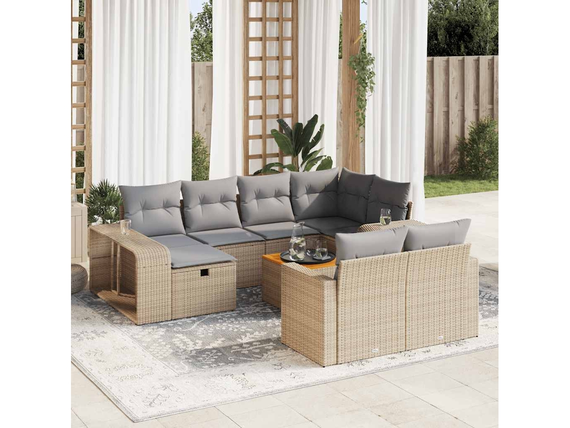Vidaxl 11 Pcs Conjunto Sofás De Jardim C/ Almofadões Vime Pe Bege