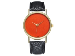Relógio feminino casual de quartzo, mostrador redondo laranja, pulseira de couro PU preta.