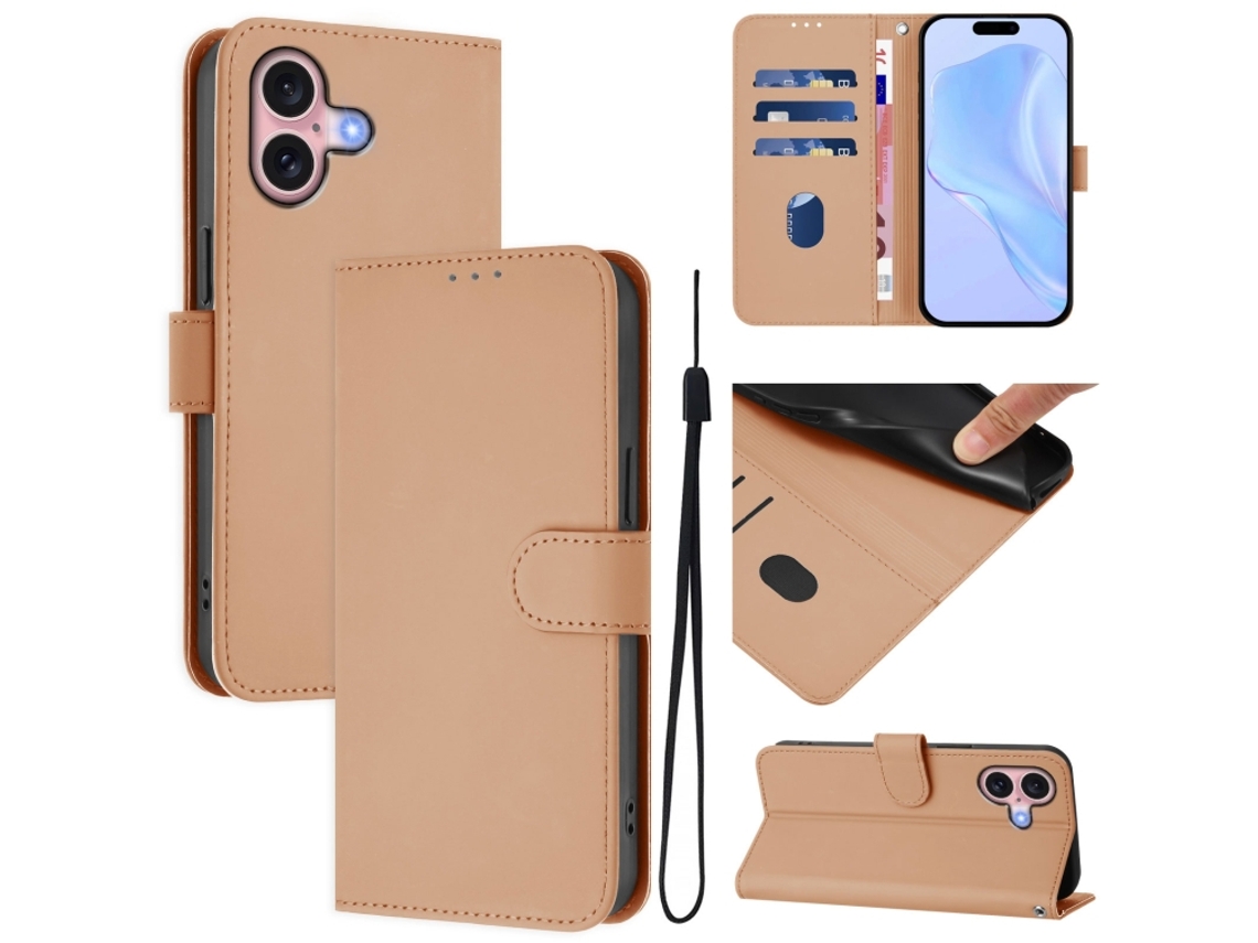 Capa De Couro Sintético Para Iphone 16 - Toque Suave - Cor Sólida - Com Cordão