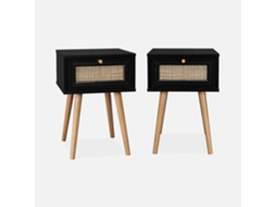 Mesa de Cabeceira com Efeito de Madeira e Cana Set de 2 Preto SWEEEK