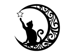 Placa de Metal Gato Preto com Lua Decorativa Parede Prata Preto