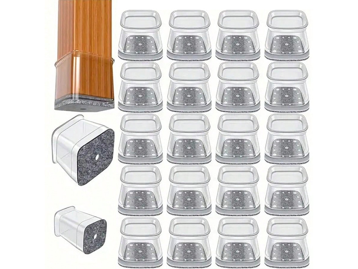 Protetores Quadrados Para Pés De Cadeira (32 Peças), Silicone Transparente Com Veludo, Protege Pavimentos De Madeira - Cinzento