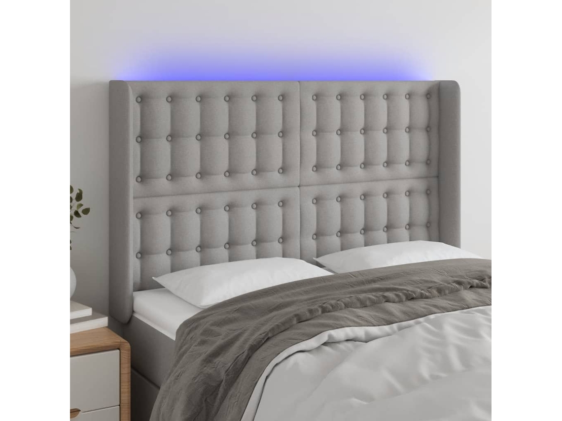 Cabecero con luces LED, tela, 147x16x118/128cm, gris claro