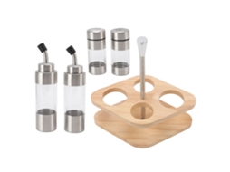 Conjunto de Tempero Aço Aço Inoxidável Garrafas, Pimentas Translúcidas com Prateleira Madeira, Cozinha