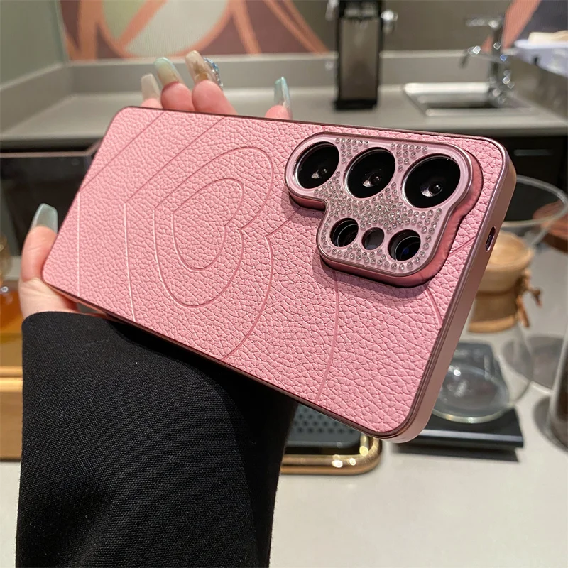 Capa Protetora De Couro Com Coração De Diamante Para Câmera (galaxy A37 Rosa)