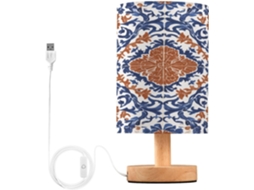 Abajur De Cabeceira Led Com Estampa Azul E Laranja, Ideal Para Quarto, Leitura Com Cúpula De Tecido, Base De Madeira E