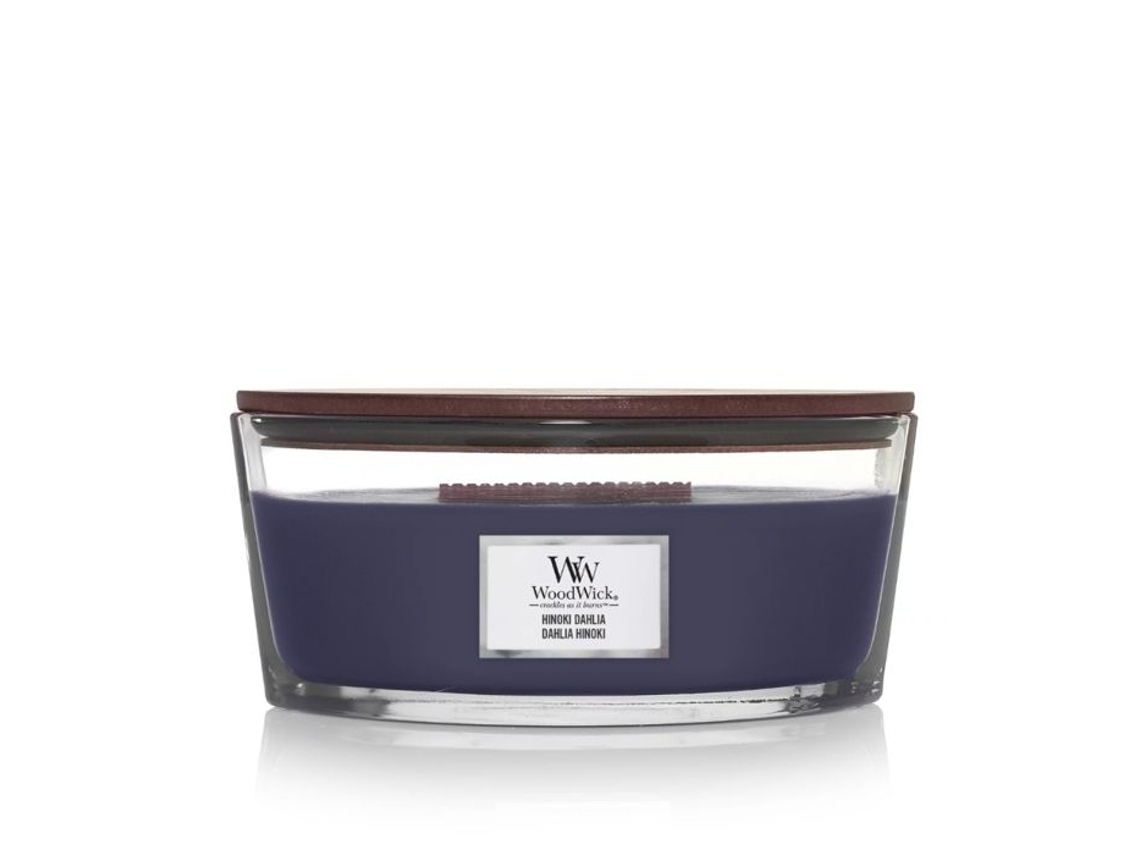 Vela Frasco Ellipse Woodwick Hinoki Dahlia Âmbar 453g Vidro Azul
