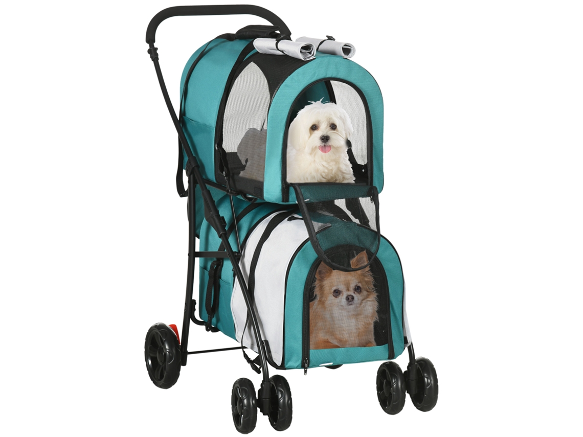 Carrinho Duplo Dobrável Com 2 Transportadoras Removíveis, Cinto, Almofadas 66x50x98cm, Cinza, Verde