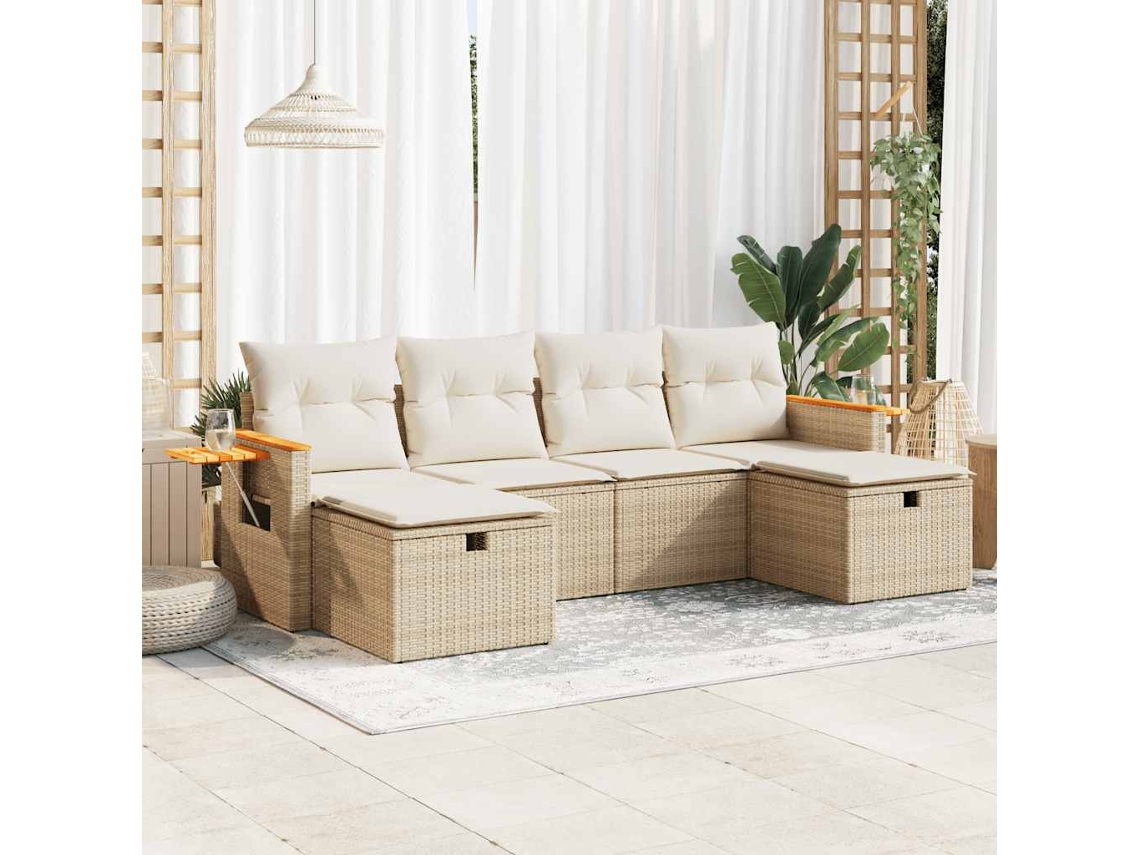 Vidaxl 6 Pcs Conjunto De Sofás P/ Jardim Com Almofadões Vime Pe Bege
