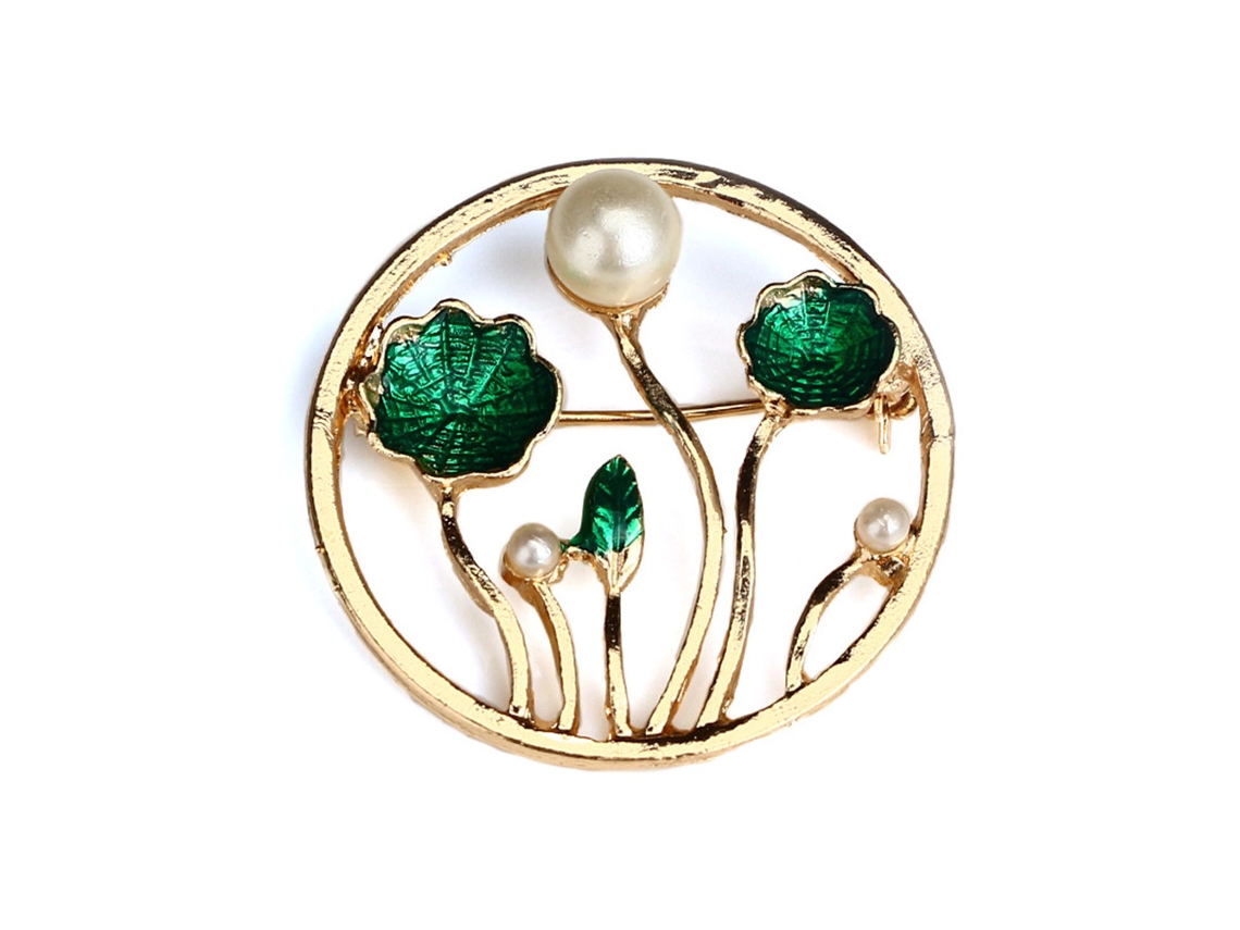 Broche Para Mulher Com Decoração Flor Perola Verde Na Moda