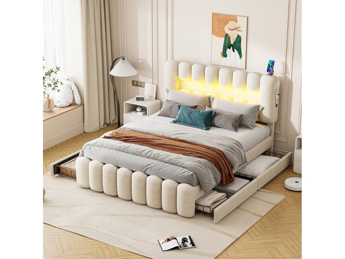 Cama Estofada 160x200 Bege Com Led Usb E Som