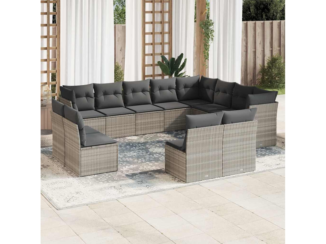 Vidaxl 12 Pcs Conj. Sofás Jardim Com Almofadões Vime Pe Cinzento-claro