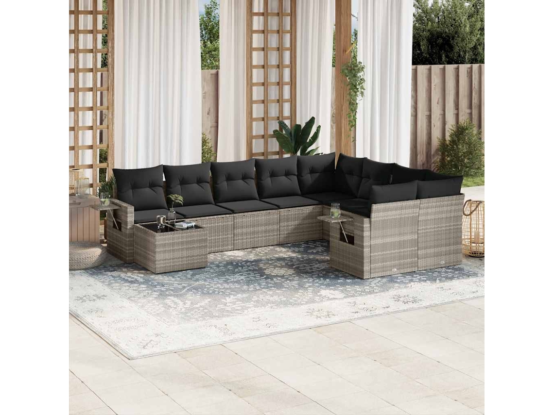 Vidaxl 10 Pcs Conj. Sofás Jardim com Almofadões Vime Pe Cinzento claro