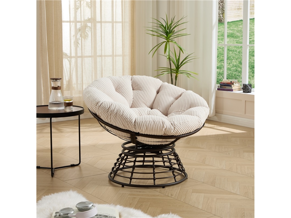 Cadeira Papasan Vime 360° Veludo Cotelê Branco Estrutura Marrom