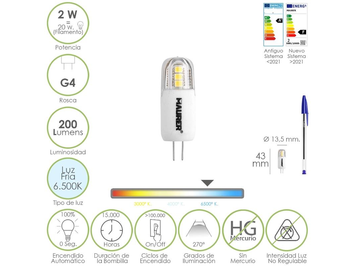Bombilla led dicroica rosca g4. 2 watt. equivale a 20 watt. 200 lumenes. luz fria (6500  k)