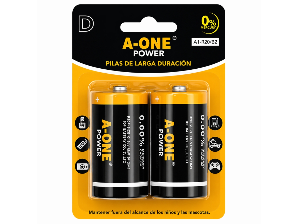 2 X Pilhas Alcalinas Tipo D A-one A1-r20 Preto + Laranja