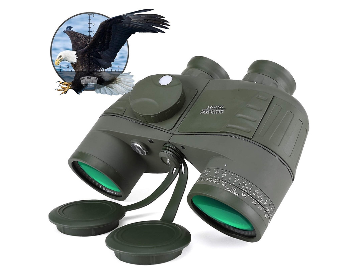 Binóculos 10x50 Bak4 Prisma Multirrevestido Ip68 Bússola Telêmetro Observação Pássaros Viagens Barco Exército Verde Bestvite