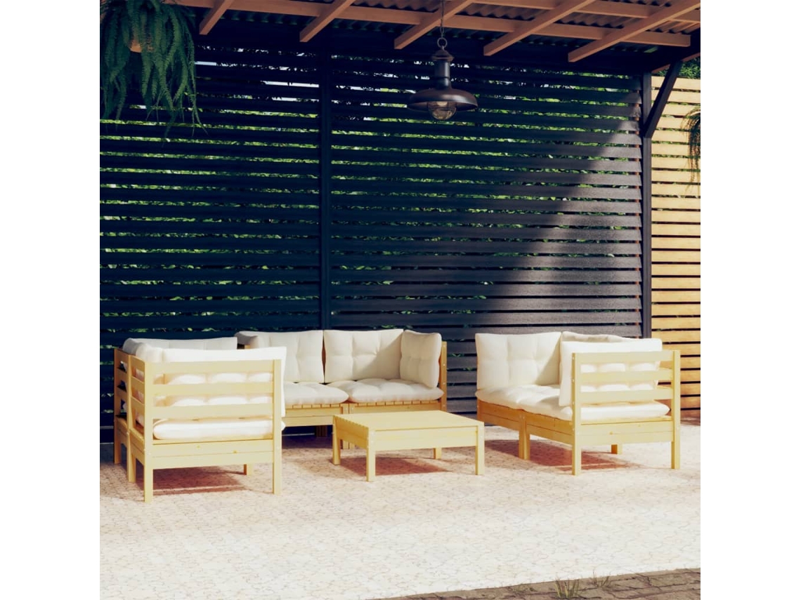 Vidaxl 7 Pcs Conjunto Lounge Jardim C/ Almofadões Creme Pinho Maciço