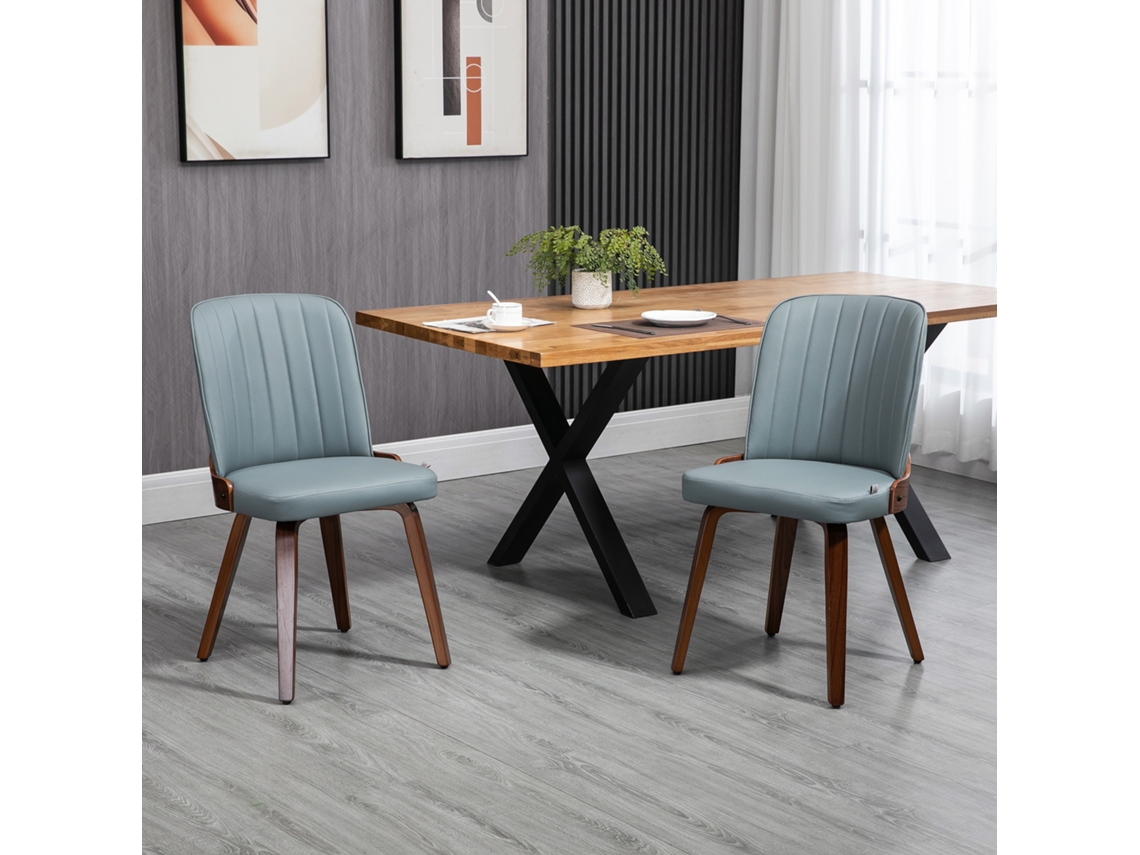 Conjunto Com 2 Cadeiras De Jantar Modernas, Assentos Em Couro Sintético Estofado, Pés De Madeira, 47,5x57x85cm, Na Cor Cinza