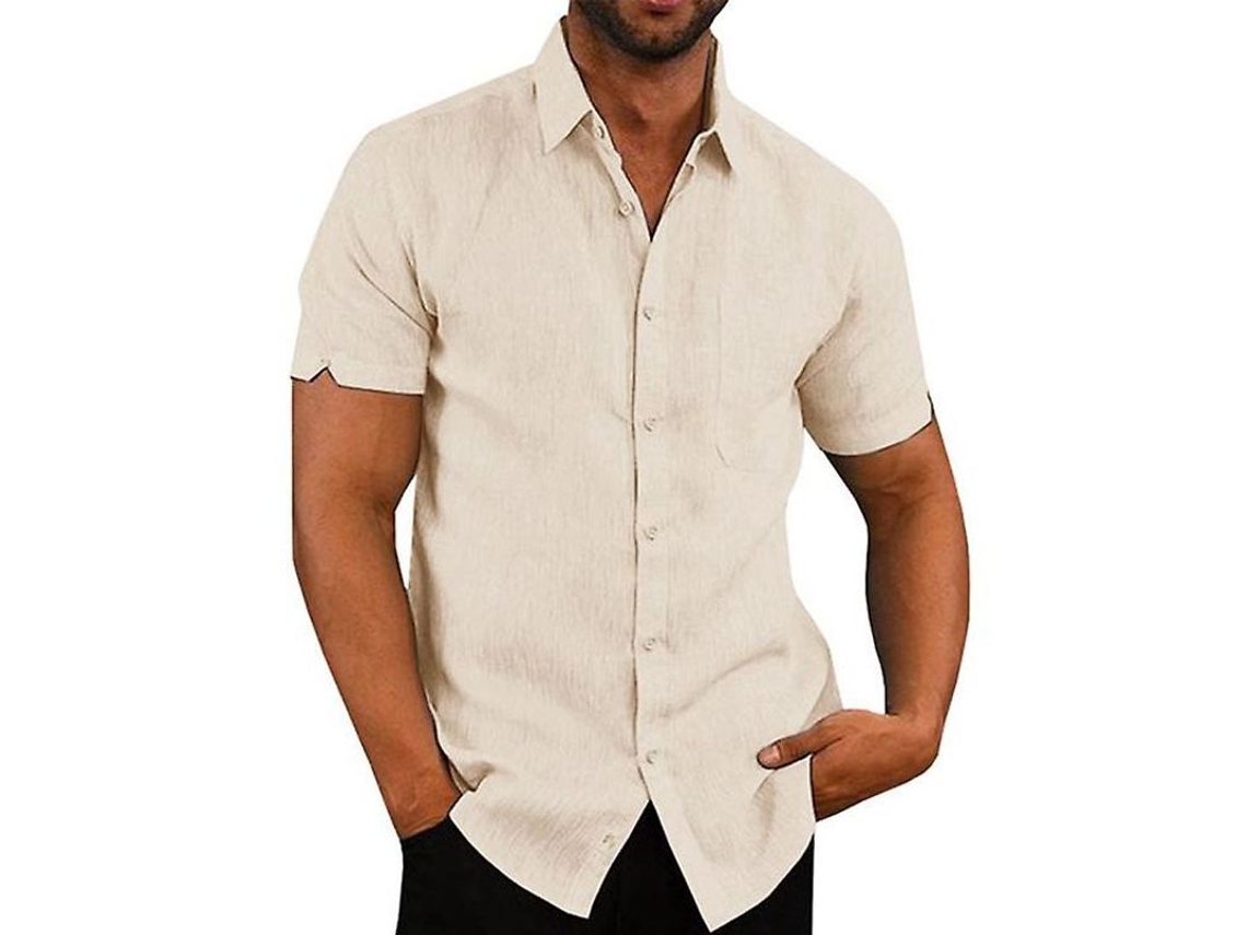 Camisa Casual Masculina De Algodão E Linho Com Listras, Manga Curta, Coleteira, Botão Tampado, Ideal Para Primavera/verão, Estilo Diário Bege