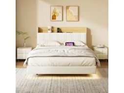 Cama De Casal Flutuante 140x200cm Com Luz Led Rgb, Cama Com Cabeceira Ajustável, Estofada Em Pu Preto, Carregamento Usb-c E Arrumação, Design Moderno