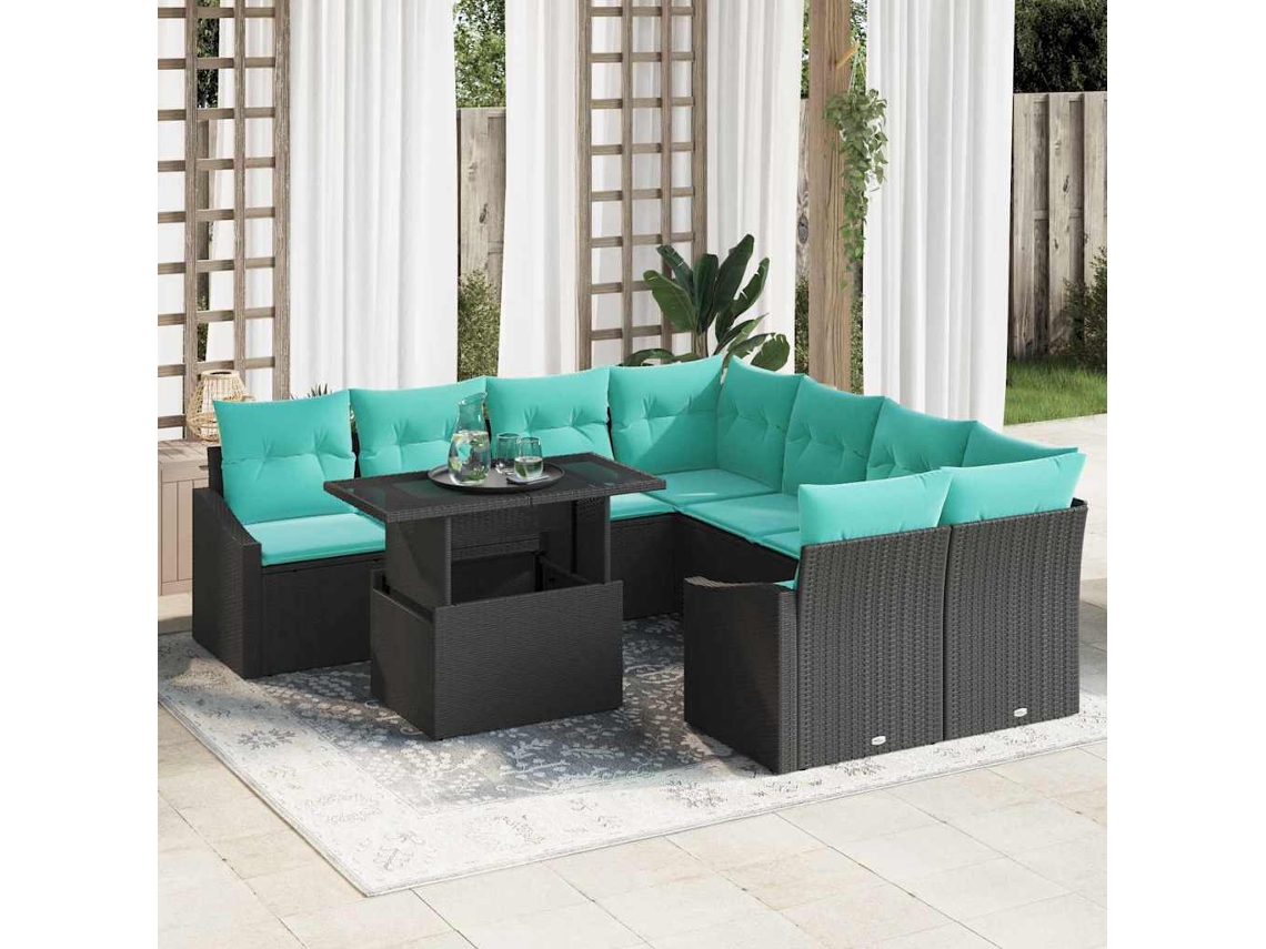 Vidaxl Conjunto De Sofá De Jardim 9 Unid. Preto E Azul Vime Pe