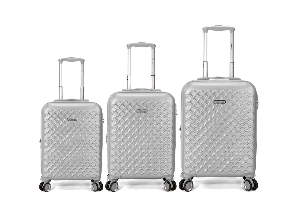 Conjunto Benzi Mala Bz5823lg 3 Peças Rígidas Extensíveis Em Abs, Cabine 50 Cm Média 60 Cm Grande 70 Cm, 4 Rodas Duplas, Prata