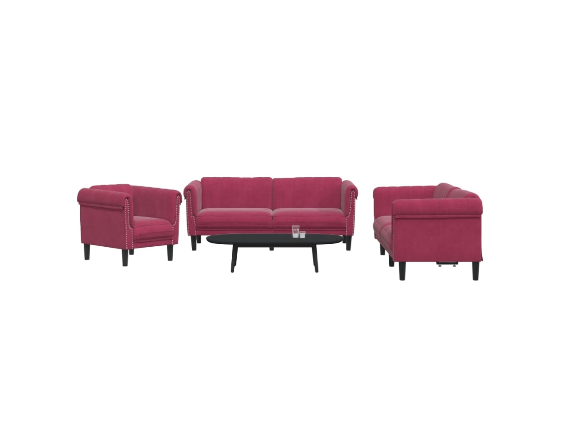 Vidaxl 3 Pcs Conjunto De Sofás Veludo Vermelho-tinto