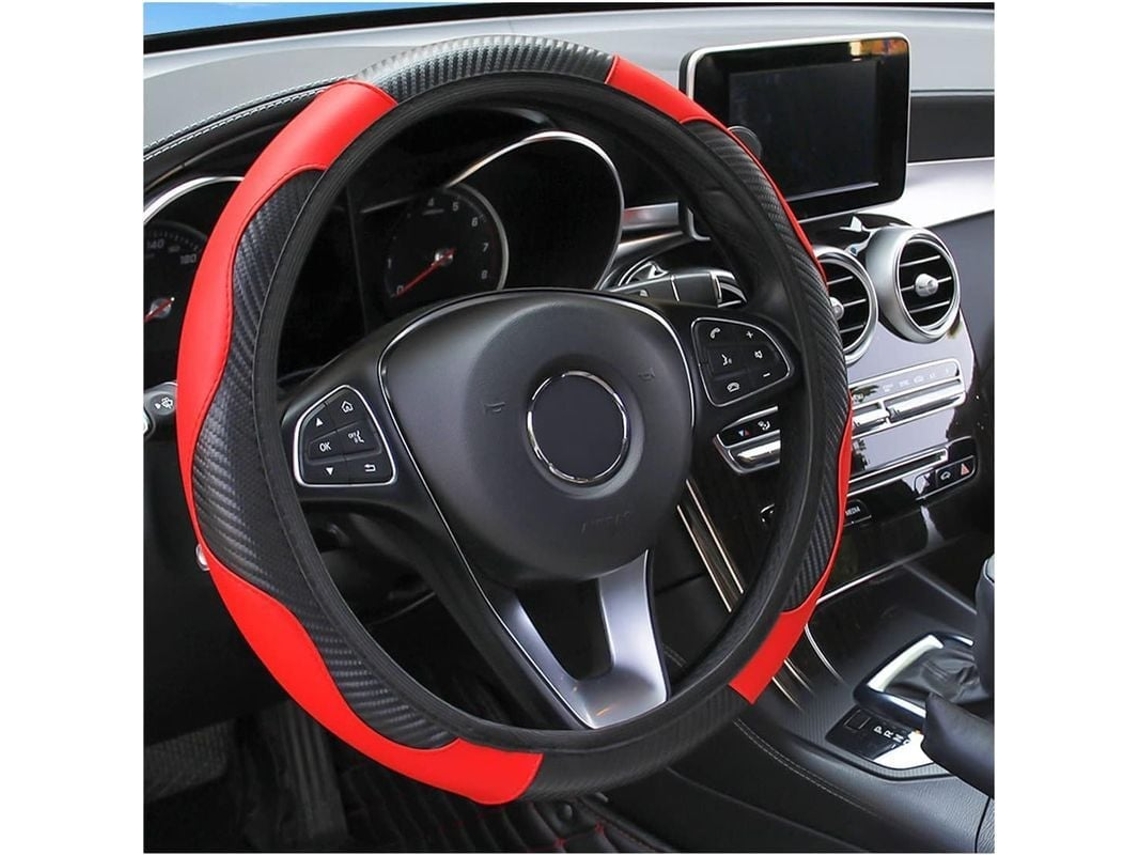 2026 protector Volante Coche Antideslizante Material Cuero Fibra Carbono Negro/rojo