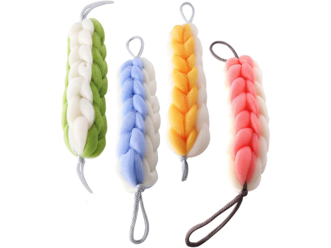 Conjunto de 4 esponjas de esfoliação PE, fáceis de usar e ideais para lavar o corpo.