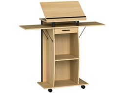 Suporte De Pódio Com Rodas, Púlpito Com Abas Laterais Rebatíveis, Mesa Para Portátil Com Gaveta E Prateleiras, Acabamento Em Carvalho. BAGOLY