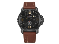 Relógio masculino Naviforce com mostrador preto, pulseira cáqui, resistente à água e calendário.