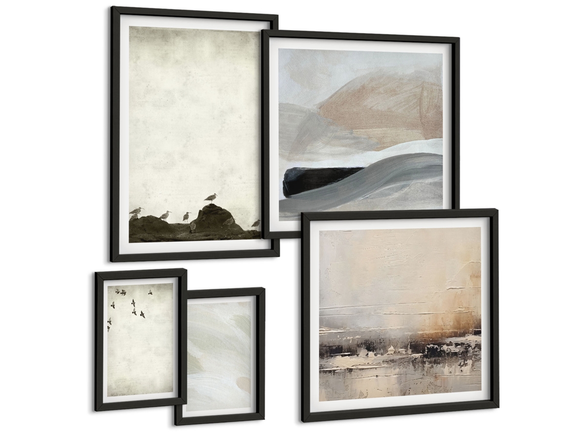 Conjunto De Pinturas Pássaros Rochas Traços De Pincel Decorações Espelharte (5 Peças)