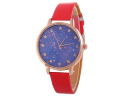 Relógio de Pulso Feminino de Quartzo com Esfera Céu Estrelado Roxo e Pulseira de Couro Vermelha