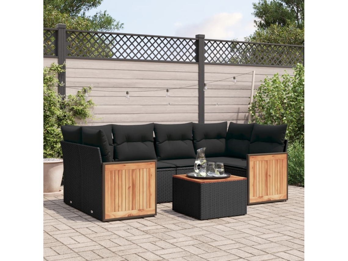 Vidaxl 7 Pcs Conjunto De Sofás P/ Jardim C/ Almofadões Vime Pe Preto