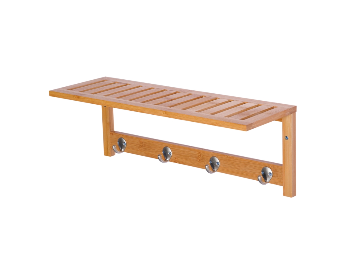 Cabideiro de Parede em Bambu Natural com 4 Ganchos e Prateleira, 50x16x17,5 Cm, Kit de Fixação Incluso CHEZMOI