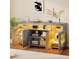 Mesa Lateral Cinza 140x40x70cm, Led, Vidro, 3 Compartimentos. Cs
