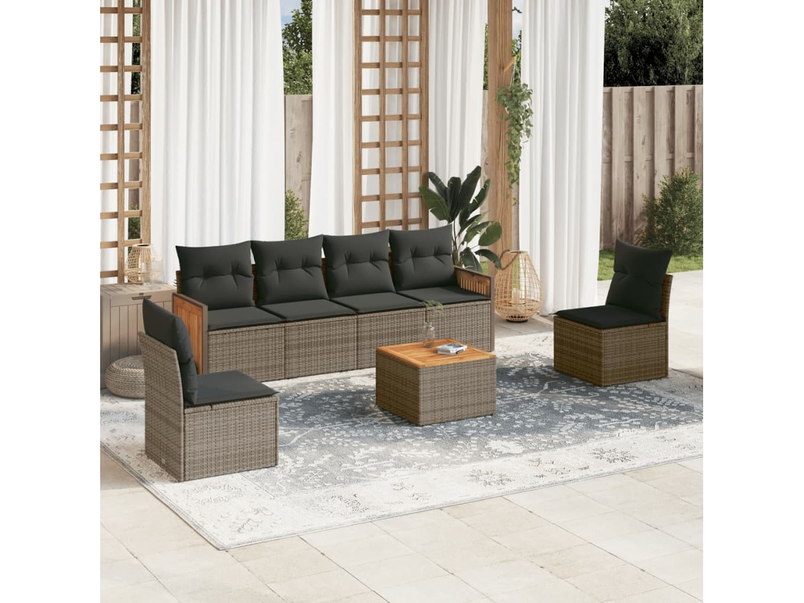 Vidaxl 7 Pcs Conjunto Sofás P/ Jardim C/ Almofadões Vime Pe Cinzento