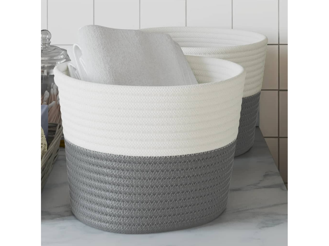 Vidaxl Cestos De Arrumação 2 Pcs Ø24x18 Cm Algodão Cinzento E Branco